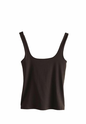Schwarzes Tanktop mit breiten Trägern, quadratischem Ausschnitt und einem glatten, figurbetonten Design. Hergestellt aus weichem, elastischem Stoff.