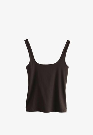Černý top bez rukávů s širokými ramínky, čtvercovým výstřihem a hladkým, přiléhavým střihem. Vyrobeno z měkké, elastické tkaniny.