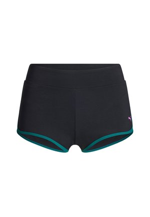 Shorts de sport noirs avec une bordure bleu sarcelle et un petit logo Puma rose sur le côté gauche, conçus pour les vêtements de sport féminins.