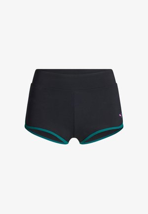 Shorts de sport noirs avec une bordure bleu sarcelle et un petit logo Puma rose sur le côté gauche, conçus pour les vêtements de sport féminins.