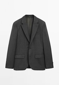 Dunkelgrauer Blazer aus strukturiertem Stoff, mit Reverskragen, zwei Fronttaschen, einreihiger Knopfverschluss und einem glatten Innenfutter.