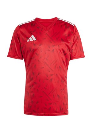Maillot de sport rouge à manches courtes avec motifs géométriques noirs, logo Adidas blanc sur le côté droit de la poitrine et bandes blanches sur les épaules.