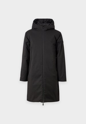Cappotto lungo nero con chiusura a zip, cappuccio e due tasche laterali. Realizzato in tessuto liscio e resistente all'acqua. Design minimalista senza motivi visibili.