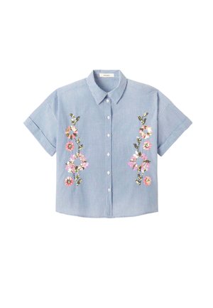 Chemise à manches courtes à rayures bleues et blanches, boutonnée sur le devant, avec broderies florales roses et vertes sur les panneaux avant et un col classique.