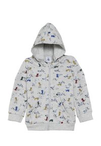 Felpa grigia con zip frontale, caratterizzata da un fantasmagorico motivo di animali colorati e forme. Tessuto morbido, due tasche frontali e cappuccio.