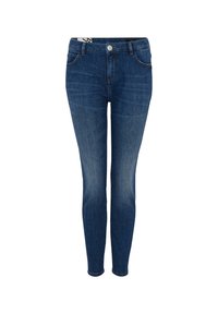 Jean en denim bleu foncé coupe slim avec poches avant, passants pour ceinture et fermeture par bouton, présenté sur un fond blanc.