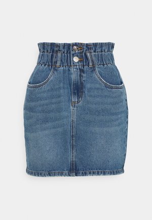 Blue denim skirt with elastic paperbag waist, two front pockets, front seam, and two buttons at the waistband.