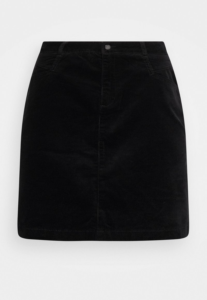 Black corduroy skirt with two front pockets, a button closure, and a straight cut. Features a soft texture and a knee-length design.