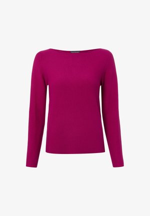 Pull en maille magenta à manches longues avec encolure ronde et silhouette ajustée, présenté sur un fond blanc.