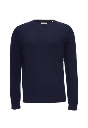 Pull marin bleu avec des manches longues, un col rond et une texture lisse. Fabriqué en tissu doux, il présente un design simple et classique.