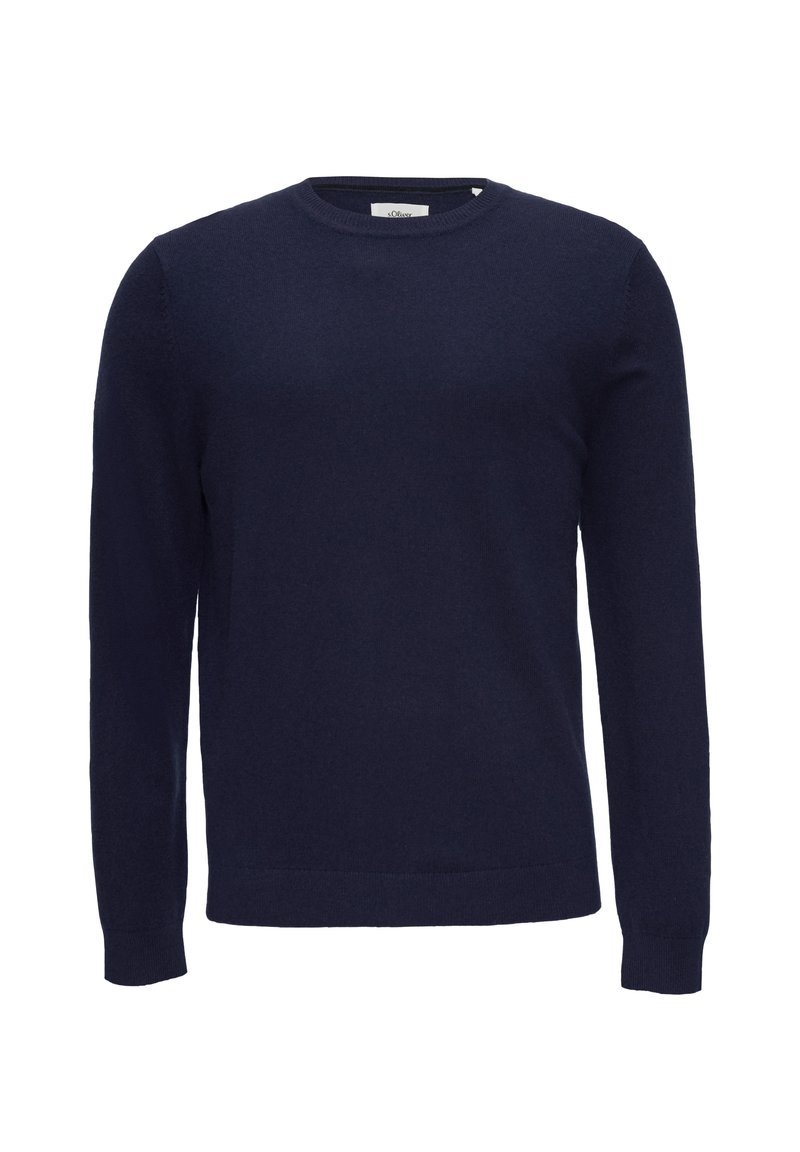 Navyblauw trui met lange mouwen, ronde hals en een gladde textuur. Gemaakt van zachte stof, met een eenvoudig, klassiek ontwerp.