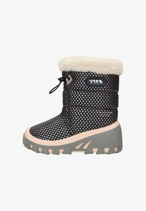 Waterproof winter boot with a navy patterned upper featuring star designs, faux fur collar, and a grey rubber sole for traction.