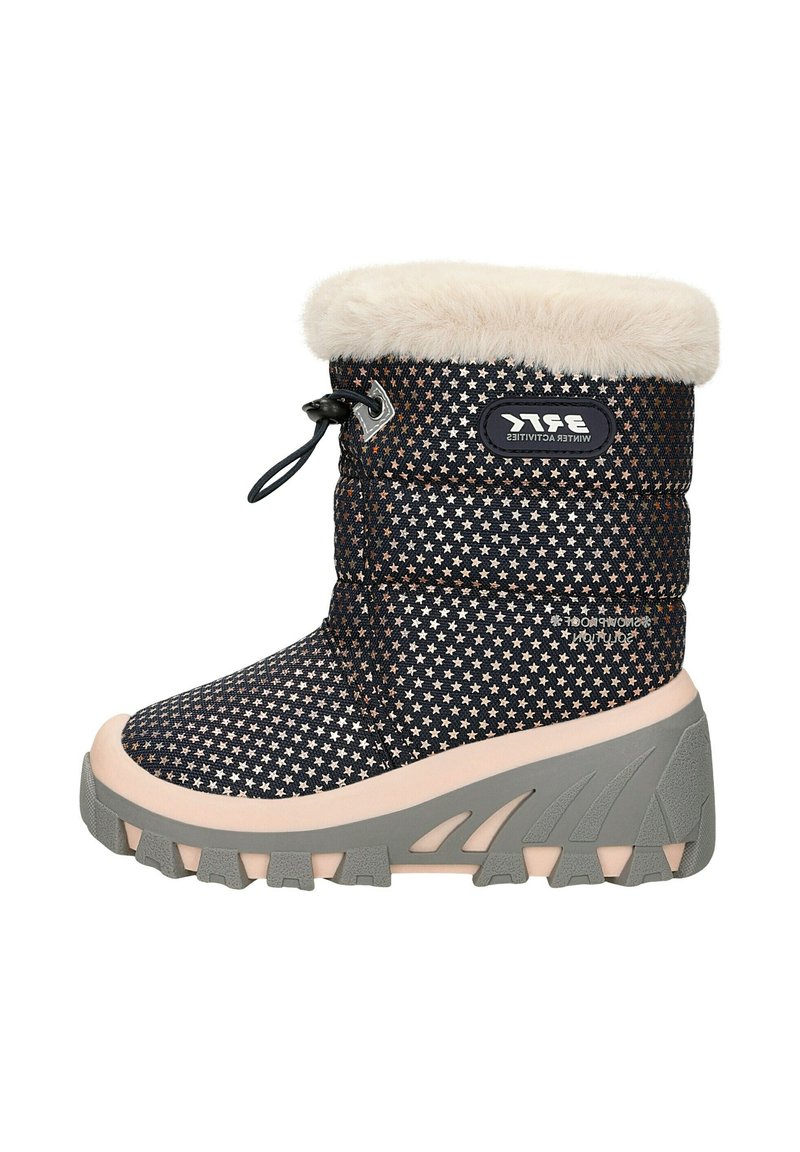 Waterdichte winterboot met een marineblauwe bovenkant met sterrenpatroon, een nepbont kraag en een grijze rubberen zool voor grip.