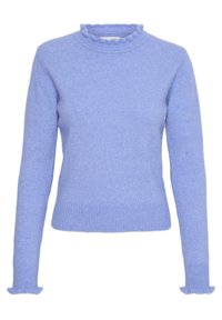 Light blue sweater with a ribbed texture, long sleeves, and a ruffled neckline and cuffs. Fitted design, soft fabric.
