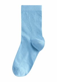 Jasnoniebieska bawełniana skarpetka z prążkowanym ściągaczem, gładką teksturą i wzmocnionym nosem. Standardowa długość do kostki z bezszwowym wykończeniem.