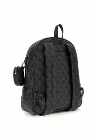 Sac à dos noir matelassé avec motif en relief, fermeture éclair, bretelles ajustables et une petite poche zippée sur le côté.
