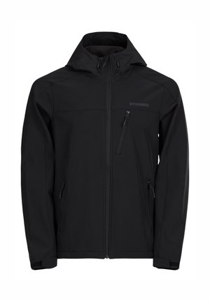 Veste à capuche noire avec fermeture éclair à l'avant, poche poitrine avec fermeture éclair, poches latérales, poignets réglables et logo sur le côté supérieur gauche de la poitrine.