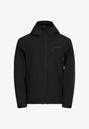 Giacca nera con cappuccio, con zip frontale, tasca sul petto con zip, tasche laterali, cinturini regolabili ai polsi e logo sul lato sinistro del petto.