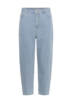 Jean en denim bleu clair à taille haute avec bouton frontal, fermeture éclair, passants de ceinture et coupe droite raccourcie.