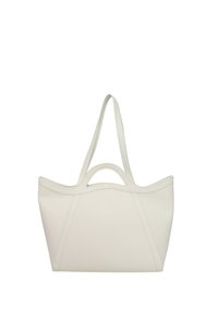 Borsa a tracolla bianca in pelle con doppio manico, design strutturato e cuciture visibili. Presenta un bordo superiore senza cuciture e un ampio interno.