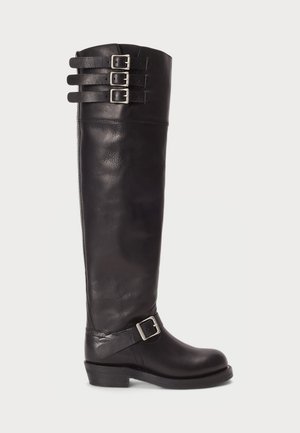BURNISHED LEATHER TALL MOTO BOOT - Boots - black