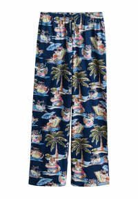 Pantalon bleu marine avec un motif d’hippopotames dessin animés se prélassant, nageant et portant des lunettes de soleil parmi des palmiers et des parasols de plage.