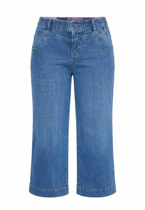 Pantaloni corti in denim blu con vita elasticizzata, bottone frontale e tasche, progettati per un uso casual.
