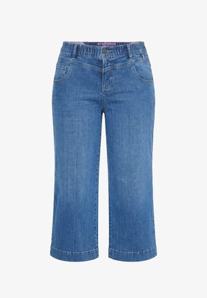 Pantaloni corti in denim blu con vita elasticizzata, bottone frontale e tasche, progettati per un uso casual.