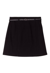 Jupe noire avec une taille ajustée, une forme de jupe large et une ceinture étroite avec boucle. Le tissu a une texture lisse et un éclat subtil.