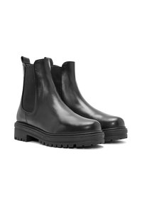 Czarne skórzane botki Chelsea z elastycznymi panelami bocznymi, okrągłym noskiem, grubą gumową podeszwą i pętelkami do łatwego zakładania. Gładka tekstura.