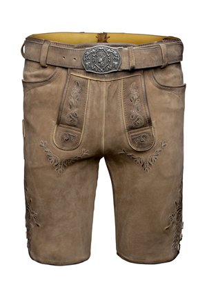 Shorts en cuir marron clair avec des motifs floraux brodés, une ceinture épaisse et une boucle en argent ornée, dotés de poches latérales et de boutons.
