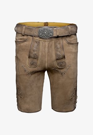Skórzane szorty w jasnobrązowym kolorze z haftowanymi wzorami kwiatowymi, grubym paskiem i ozdobną srebrną klamrą, posiadające boczne kieszenie i guziki.
