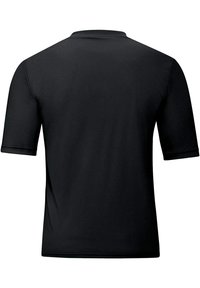 Black short-sleeve polo shirt with a classic collar, made from smooth fabric, featuring clean lines and no visible patterns or hardware.