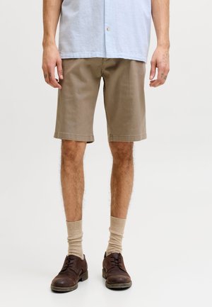 Homme portant un short marron jusqu'aux genoux, des chaussettes beiges, des chaussures marron foncé à lacets, et une chemise bleu clair boutonnée.