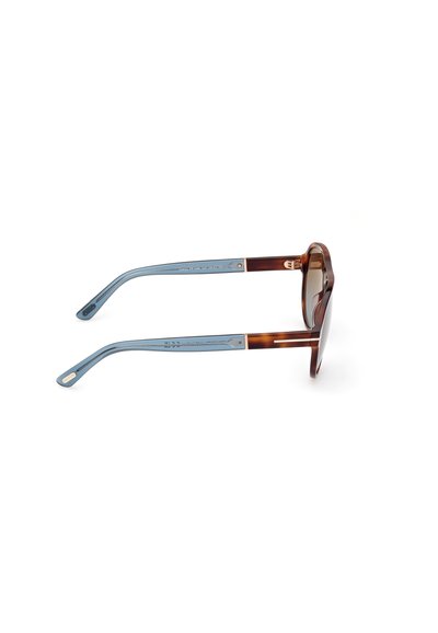 Occhiali da sole tortoiseshell marroni con una montatura leggera blu. Presentano dettagli accentuati sulle tempie e lenti colorate.