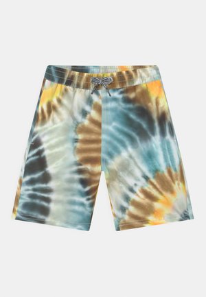 Shorts de bain tie-dye dans des nuances de bleu, marron et jaune. Doté d'une taille élastique avec cordon de serrage et de poches latérales. Texture de tissu lisse.