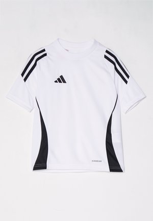 Wit sportshirt met zwarte zijpanelen en drie zwarte strepen op de mouwen, gemaakt van ademend materiaal, met het label "AEROREADY".