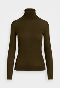 Sweter z golfem w kolorze oliwkowej zieleni wykonany z miękkiego dzianinowego materiału. Posiada długie rękawy i dopasowany fason z prążkowanym kołnierzem i mankietami.