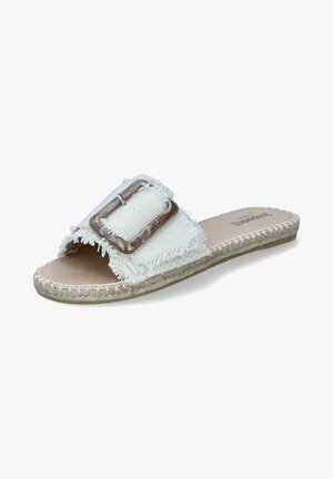 White fabric slide sandal with frayed edges, featuring a large clear buckle and a braided jute sole. Plain footbed design in beige.