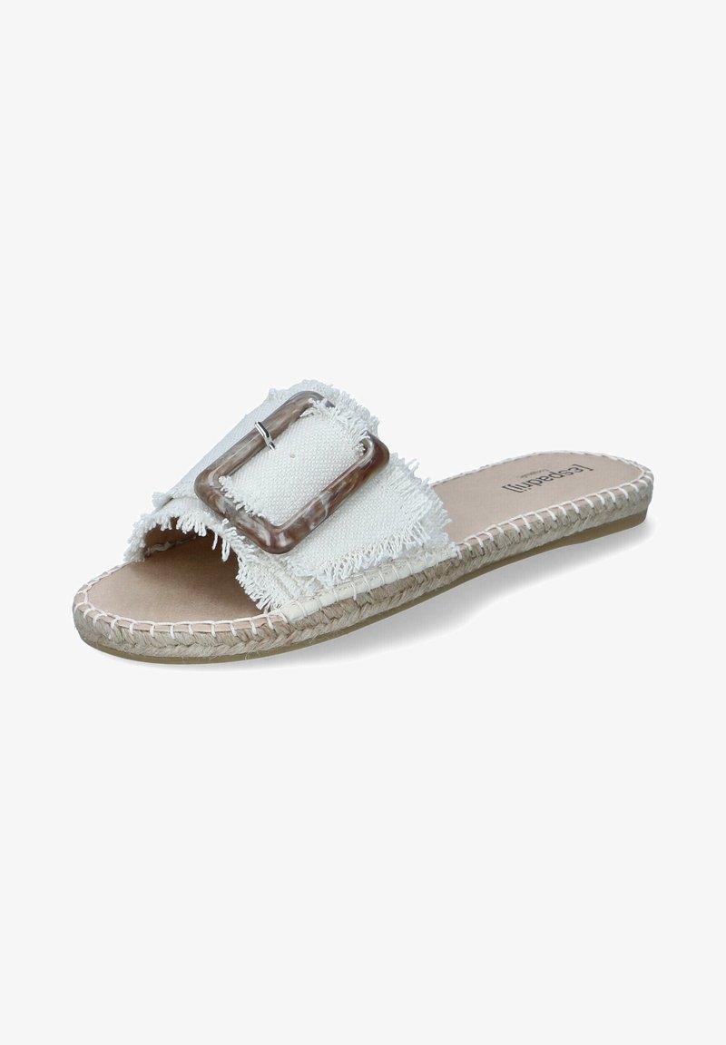 White fabric slide sandal with frayed edges, featuring a large clear buckle and a braided jute sole. Plain footbed design in beige.