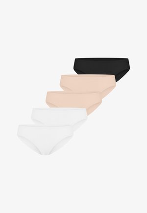 Cinq culottes bikini pour femmes en noir, deux beiges et deux blanches, disposées en pile décalée sur un fond blanc.