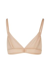 Soutien-gorge triangle nude en tissu lisse avec des bretelles ajustables et une fermeture à crochets au dos. Design minimaliste sans rembourrage.