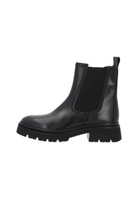 Black leather Chelsea boots with textured elastic panels, round toe, and a chunky rubber sole, featuring a loop pull tab at the back.