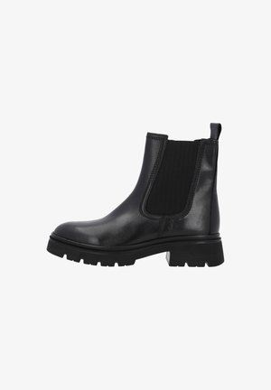 Bottes Chelsea noires en cuir avec des panneaux élastiques texturés, bout rond et une semelle en caoutchouc épaisse, dotées d'une languette de tirage à l'arrière.