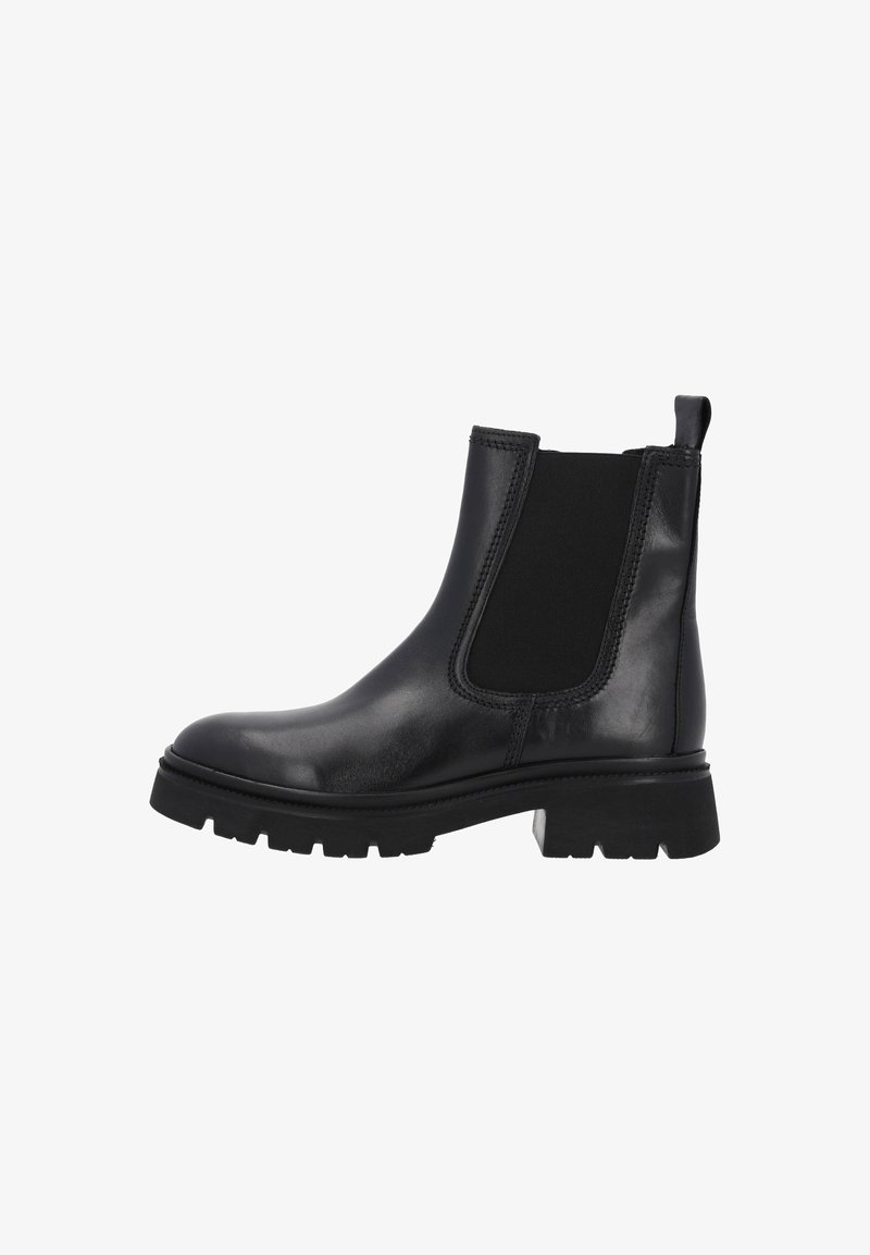 Stivali Chelsea neri in pelle con pannelli elastici testurizzati, punta rotonda e suola in gomma spessa, dotati di un passamano sul retro.