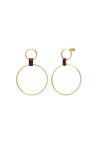 Gouden hoepel oorbellen met een groot circulair ontwerp en een kleine paarse rechthoekige accent aan de bovenkant. Minimalistisch en lichtgewicht.