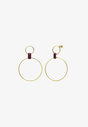 Gold-tone hoop earrings featuring a large circular design and a small purple rectangular accent at the top. Minimalist and lightweight.