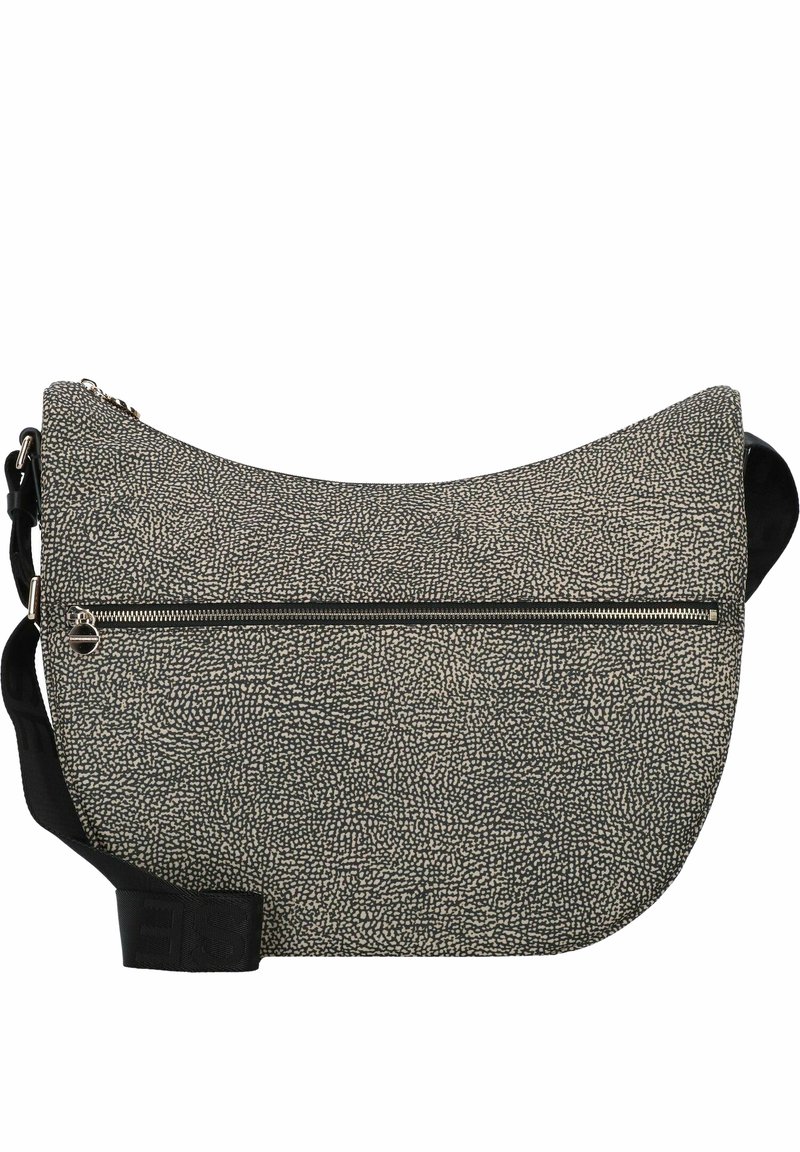 Borsa a spalla in materiale testurizzato nero e crema, con silhouette curva, tracolla regolabile e tasca con zip frontale.
