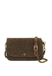 Sac bandoulière à motif léopard avec un tissu texturé brun, quincaillerie dorée et une anse tressée. Il dispose d'une bandoulière ajustable et d'une fermeture à rabat.