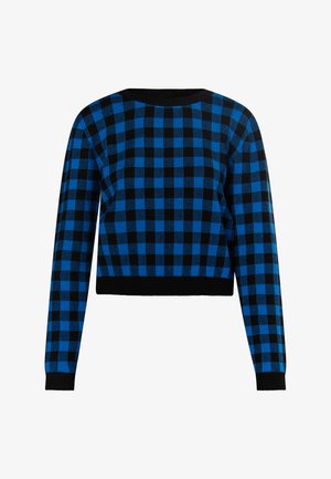 Maglione corto a quadri blu e neri con maniche lunghe e scollatura tonda. Presenta una texture lavorata a maglia e polsini e orlo a costine.